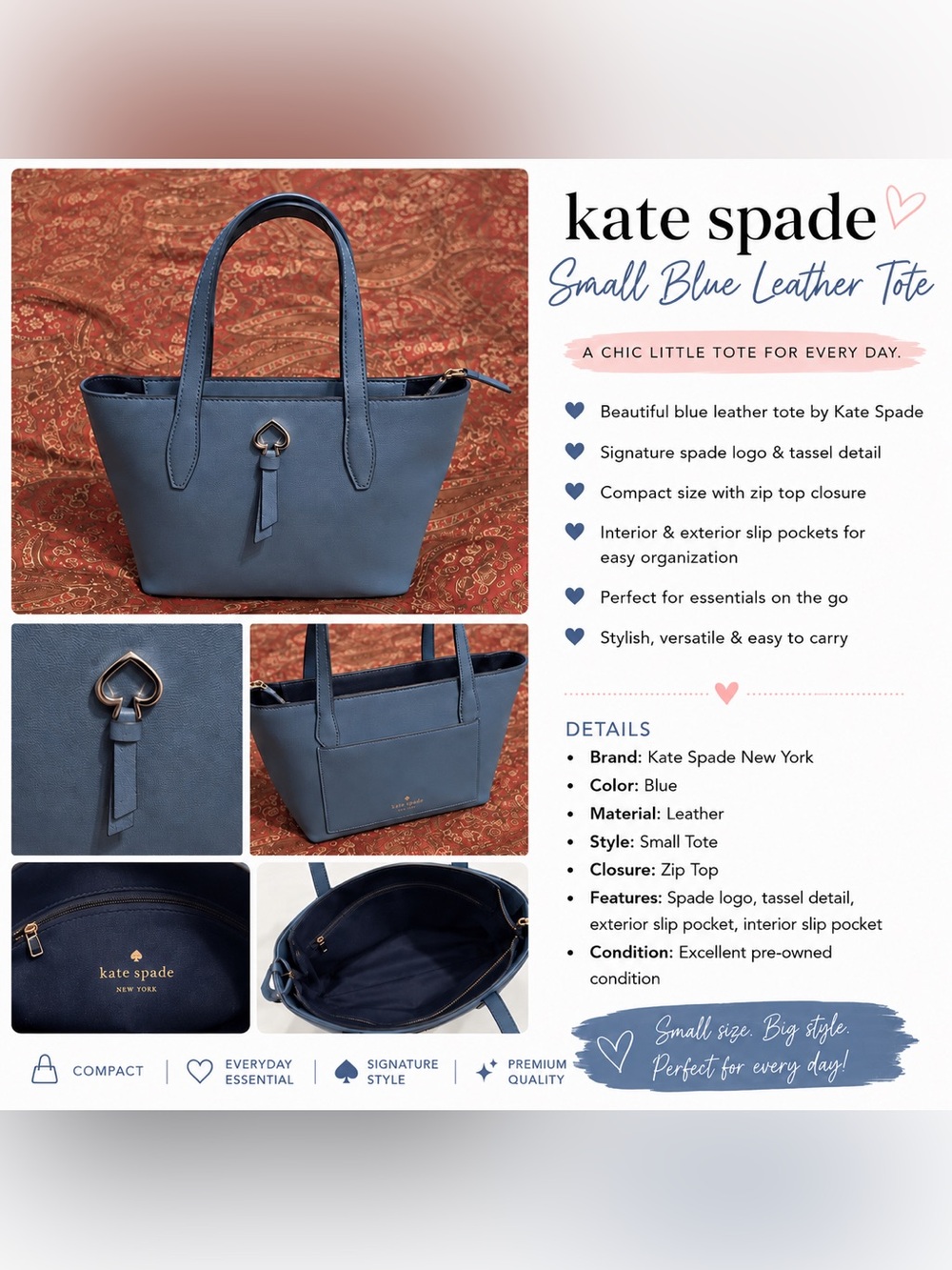 kate spade blue leather small tote with tassel spade charm